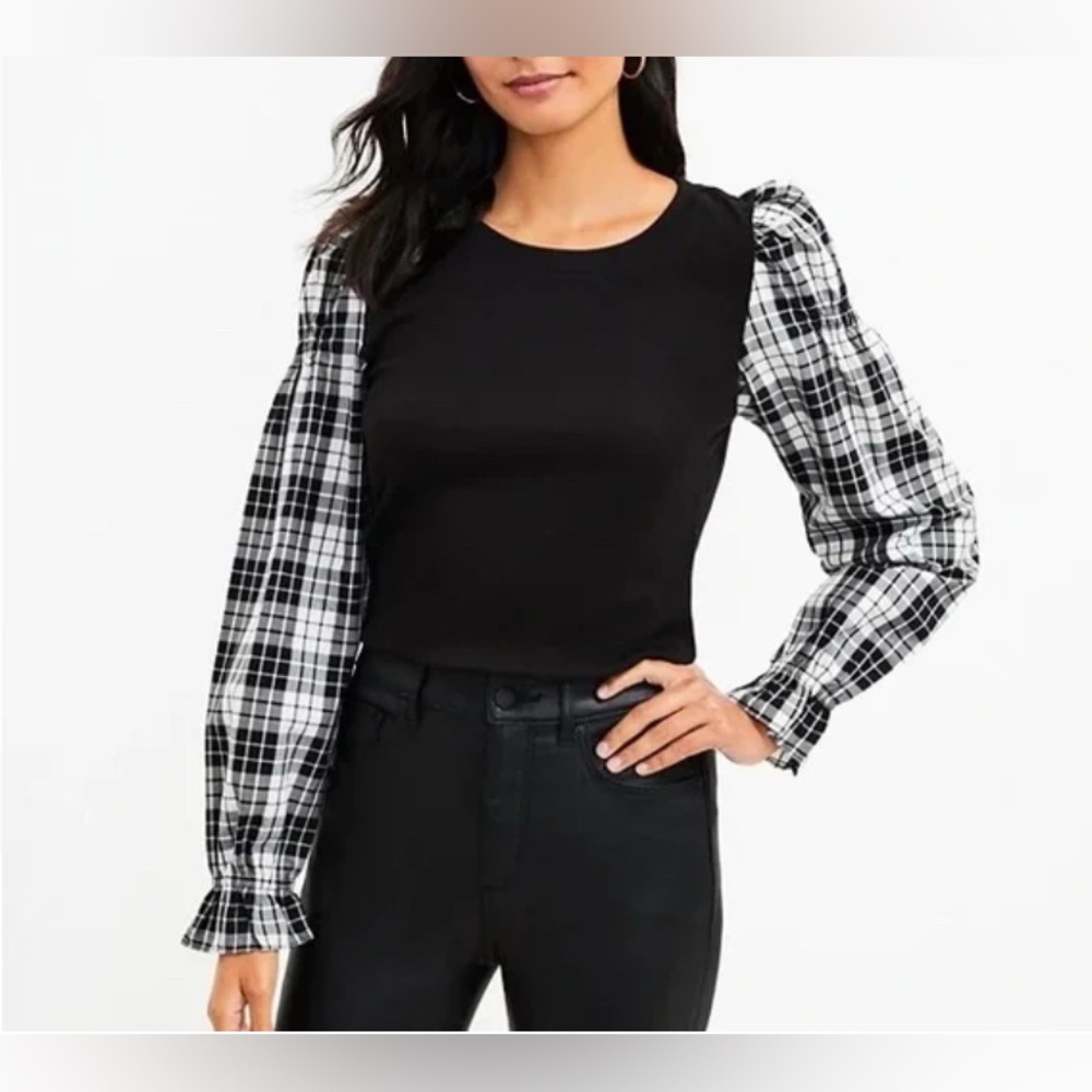 Loft Long Plaid Sleeve Knit Top Black Ivory Sz M